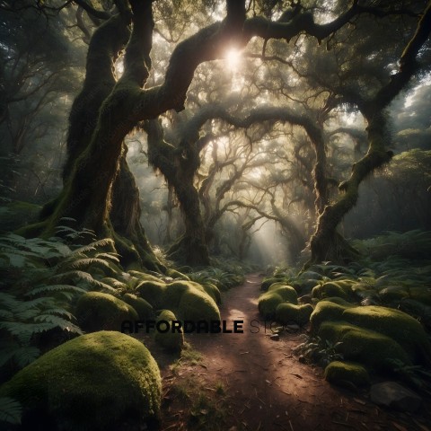 A pathway through a forest with moss and trees