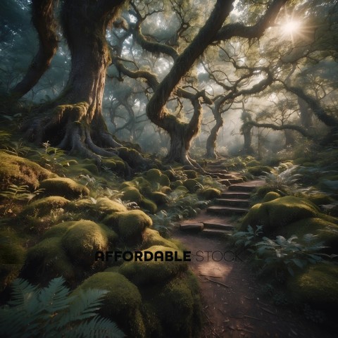 A forest path with moss covered rocks and trees