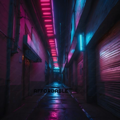 A dark alleyway with a pink neon sign