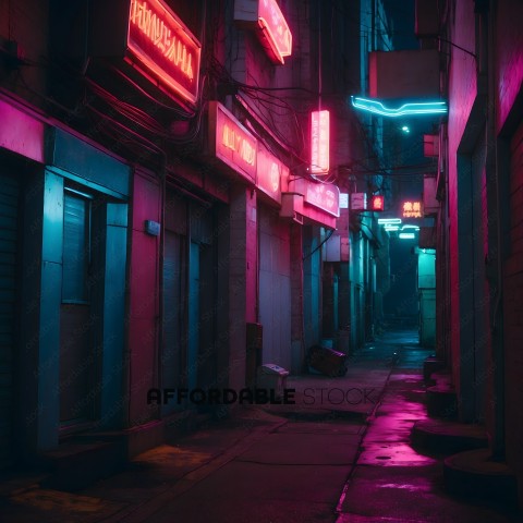 Pink neon lights illuminate a dark alleyway