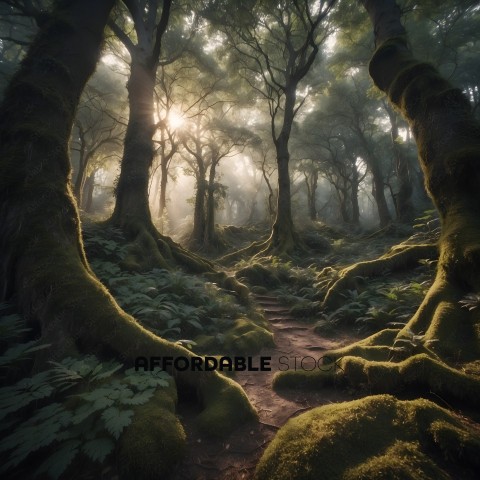 A mossy forest pathway with a sunbeam
