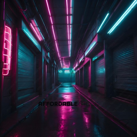 A neon lit alleyway with a pink glow