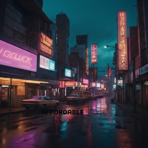 A city street at night with neon signs