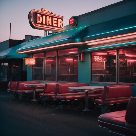 A row of booths at a diner with pink neon lights