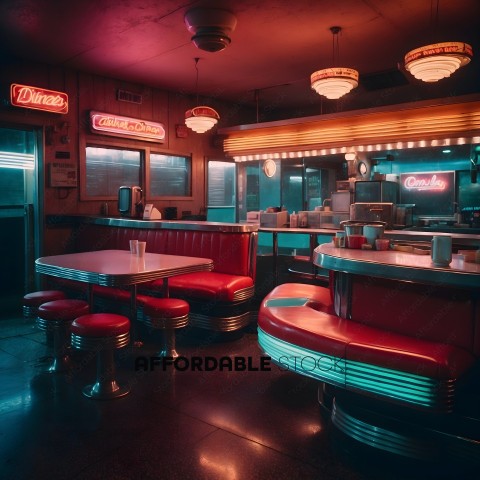 A diner with red booths and a neon sign