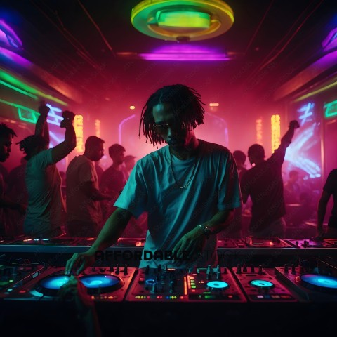 A DJ in a neon lit club with a crowd of people