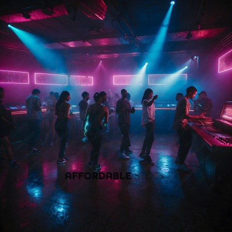 A group of people in a club with neon lights