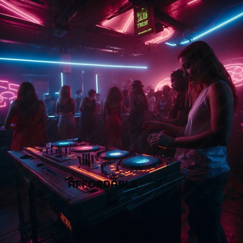 A woman DJing at a club with neon lights