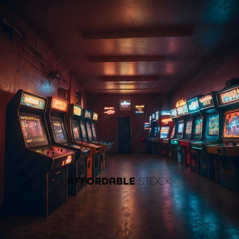 A row of arcade games in a dark room