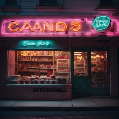 A neon sign for a candy store