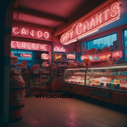 A neon sign that says "Candy" in a store