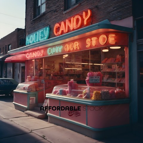 A Pink and Green Candy Store with a Neon Sign